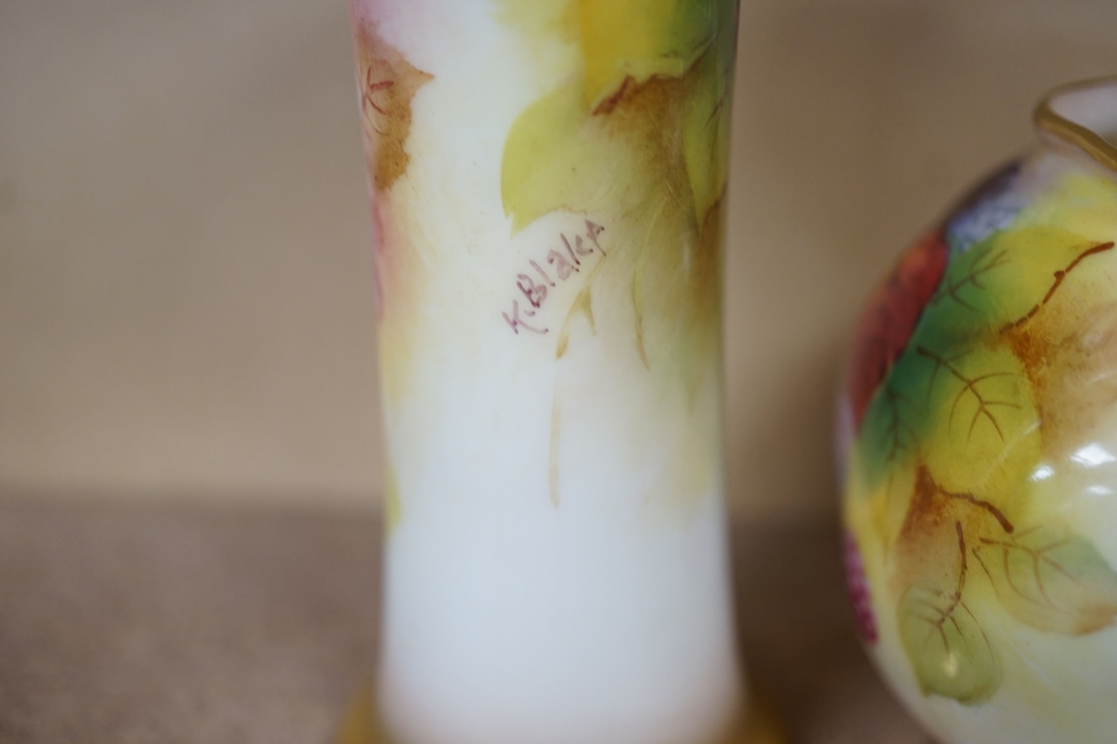 A Royal Worcester spill vase fruit painted with berries by Kitty Blake and a small bowl by the same artist, largest 11.5cm high. Condition - good